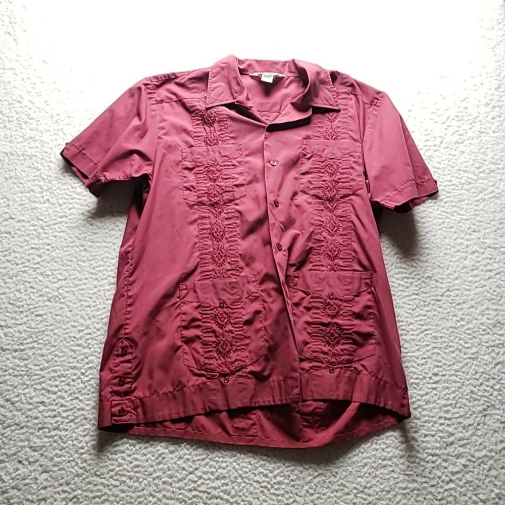 Romani Shirt Mens Large Red Guayabera Short Sleeve Permanent Press Button-Up